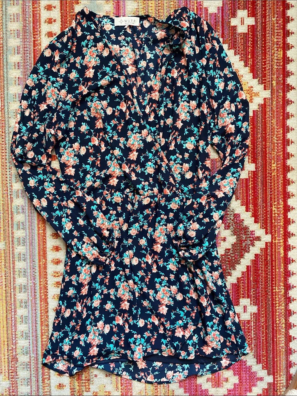 Wayf Navy Floral Wrap Style Dress with Peach and Teal Blooms
